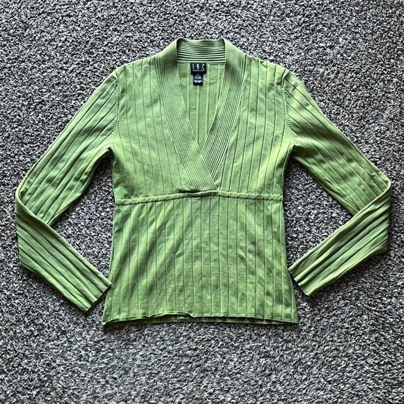 INC International Concepts Tops - INC Blouse Womens Large Silk Green Ribbed Long Sleeve V-neck Grunge Y2K Top